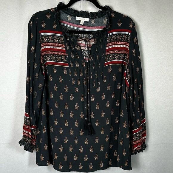 Women's Pale Sky Black Red Boho Peasant V Neck Tie Flowy Career Blouse Sz 1X - Picture 1 of 8
